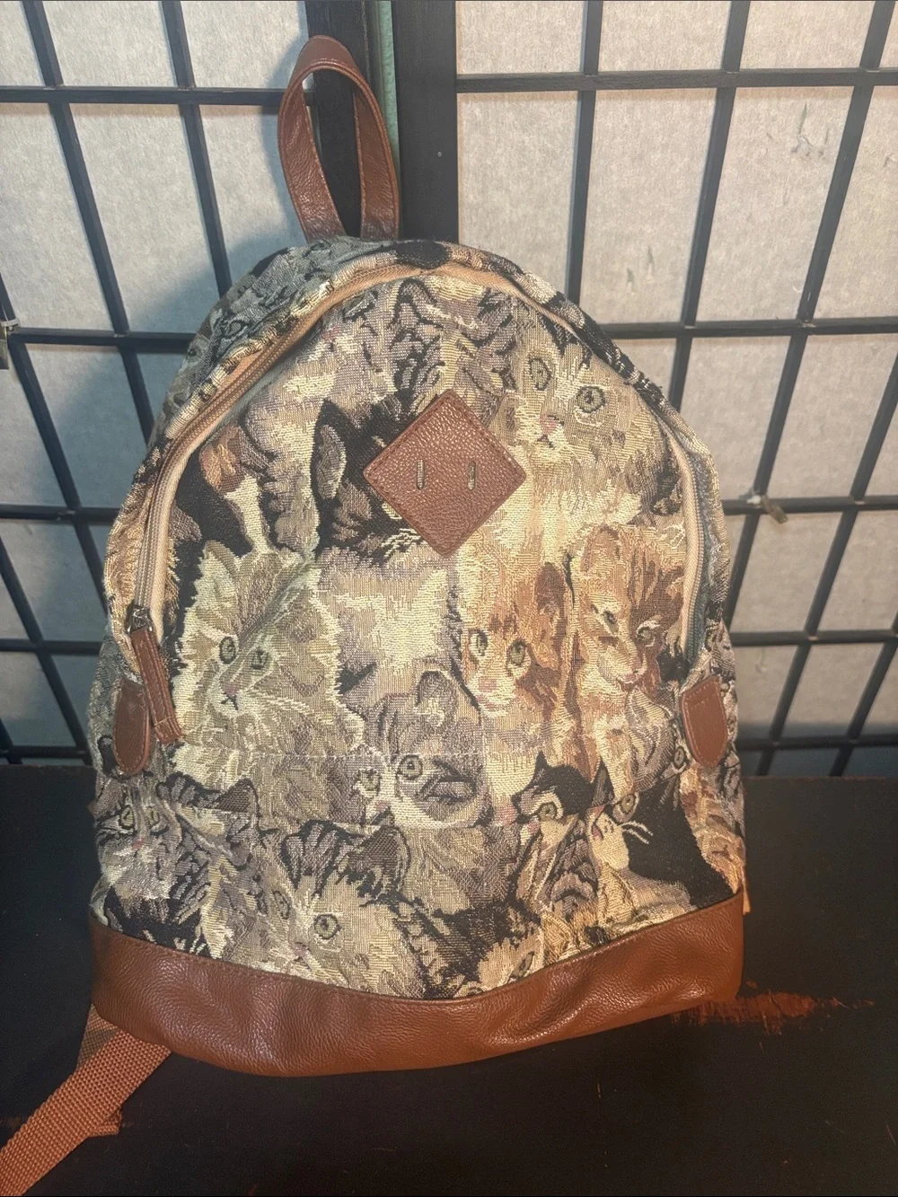 Brown & Multicolor Cat Print Tapestry Backpack
